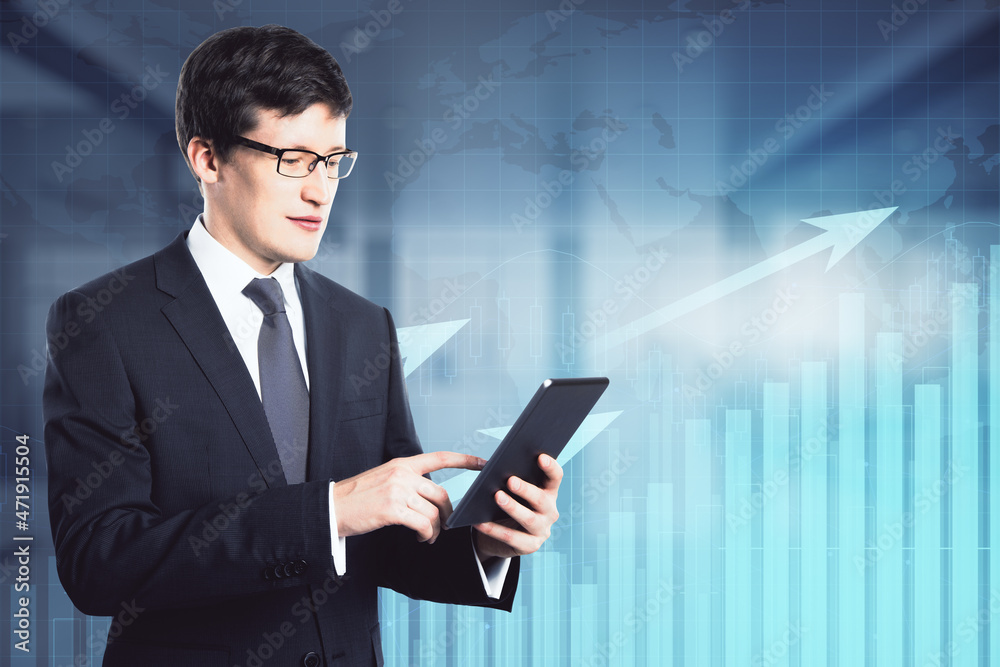 Portrait of attractive young european businessman using smartphone in blurry office interior with glowing business chart hologram and arrows. Trade, success and growth concept. Double exposure. Portrait of attractive young european businessman using smartphone in blurry office interior with glowing business chart hologram and arrows. Trade, success and growth concept. Double exposure.