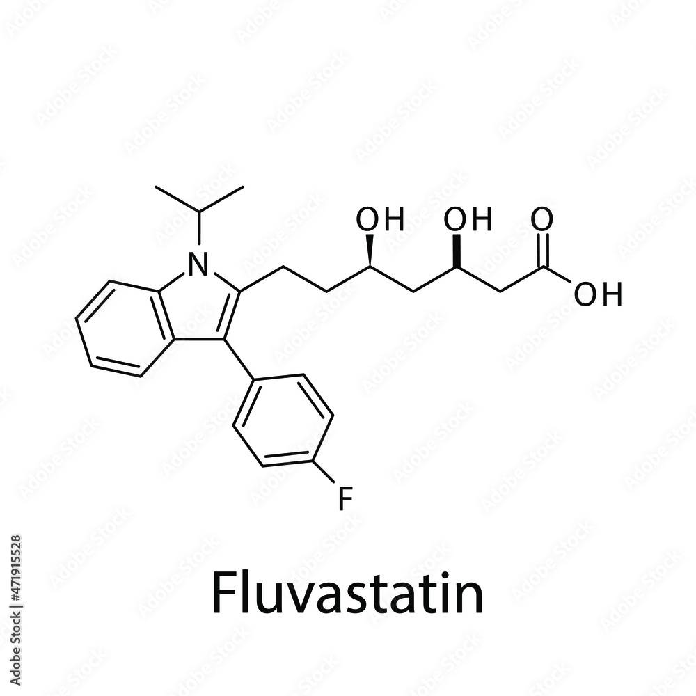 Fluvastatin molecular structure, flat skeletal chemical formula. Statin drug used to treat Blood cholesterol, Hyerplipidemia, High LDL. Vector illustration.