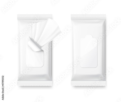 Realistic wet wipes mockups. Vector illustration isolated on white background. Can be use for your design, promo, adv and etc. Possibility for food, pharmaceutical, cosmetic. EPS10.