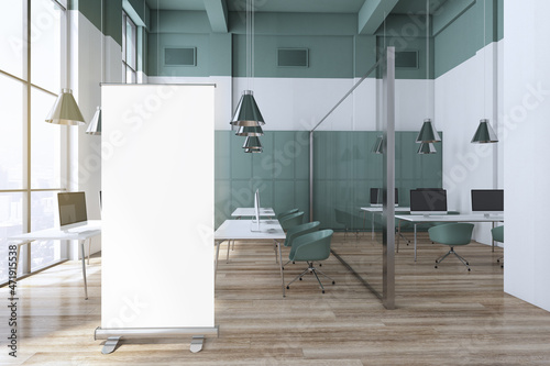 Modern glass partition coworking office interior with empty white mock up banner  wooden flooring  window and city view  furniture and equipment. 3D Rendering.