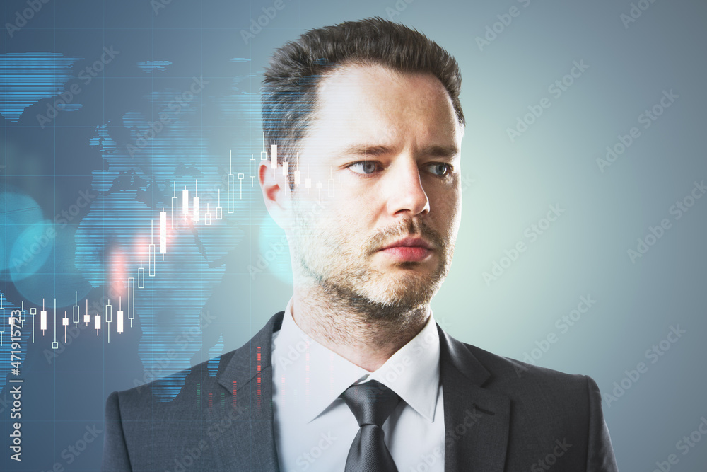 Portrait of attractive young european businessperson thinking about candlestick forex graph and map on gray background with mock up place. Trade, economy and growth concept. Double exposure. Portrait of attractive young european businessperson thinking about candlestick forex graph and map on gray background with mock up place. Trade, economy and growth concept. Double exposure.
