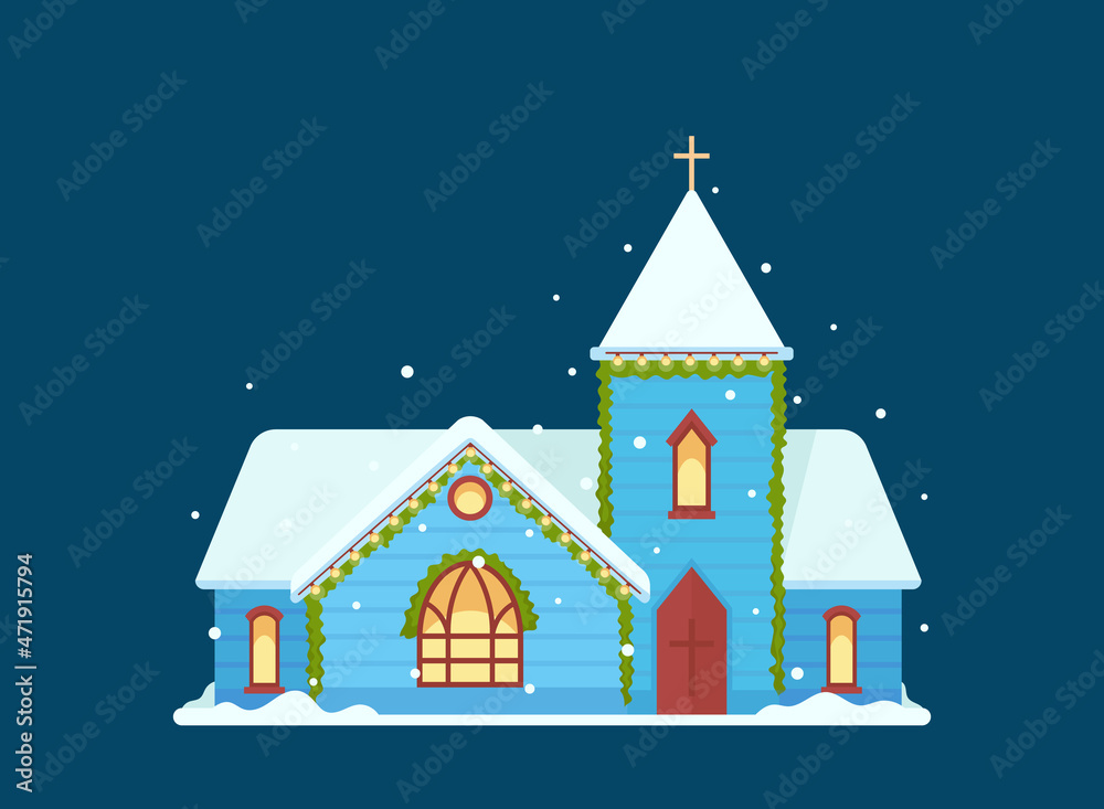 Christmas Church Buildings at Winter Time, Catholic Temple with Cross and Snow on Roof and Arched Windows, Architecture