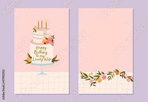 Stylish Cute birthday card with cake and candles. Happy Birthday cards set in pink colors.