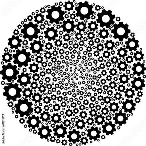 Gear icon motion spheric collage. Gear elements are combined into cluster cycle vector illustration. Abstract spheric cluster collage combined from regular gear symbols.