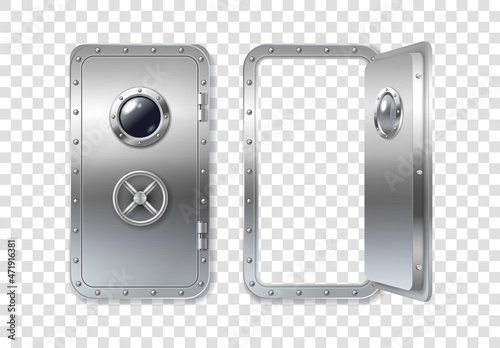 Metal door and porthole for submarine, ship open and closed. Realistic bunker or laboratory door