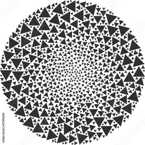 Triangle icon cyclone round mosaic. Triangle items are formed into globula twist mosaic structure. Abstract spheric cluster mosaic is created from regular triangle symbols.