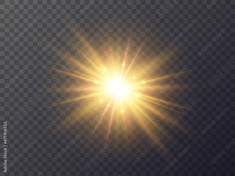Glowing star with particles. Gold glow effect with stardust. Bright golden magic light. Bright Christmas element. Yellow explosion with glitter. Vector illustration - obrazy, fototapety, plakaty 