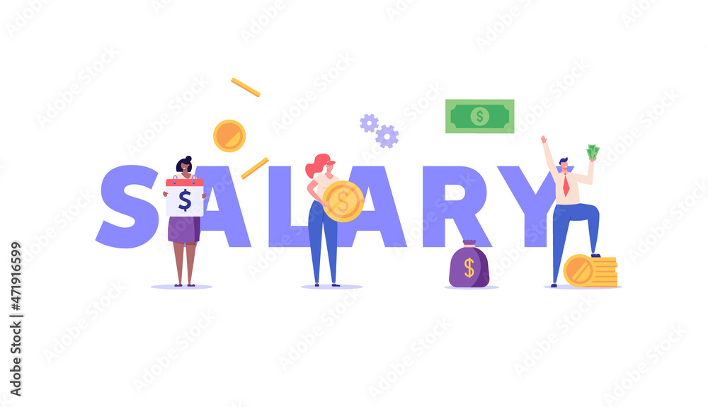 People with coins and cash. The joy of receiving a salary. Concept of salary payment, salary increase, rise, businessman, financial growth. Vector illustration in flat design