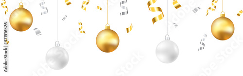 Christmas decoration. Gold and silver balls on white backdrop. Falling confetti and tinsel. Winter greeting card or website decoration template. Vector illustration
