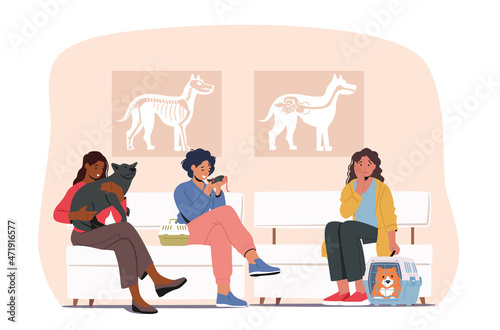 Pet Lovers with Animals Waiting in Veterinary Clinic Queue Sit on Chairs in Hospital with Pets. Characters in Vet Clinic