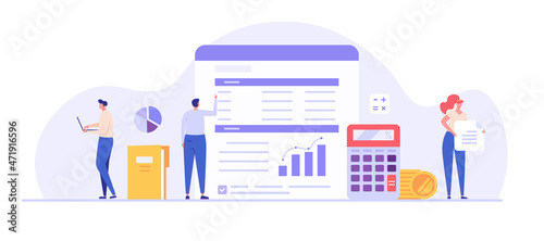 People study the financial statement. Concept of financial report, digital accounting, audit and financial research, accounting report. Vector illustration in flat design