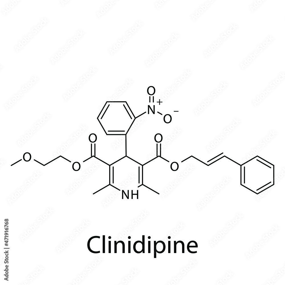 Clinidipine molecular structure, flat skeletal chemical formula. Calcium channel blocker CCB Dihydropyridine drug used to treat Hypertension. Vector illustration. Clinidipine molecular structure, flat skeletal chemical formula. Calcium channel blocker CCB Dihydropyridine drug used to treat Hypertension. Vector illustration.