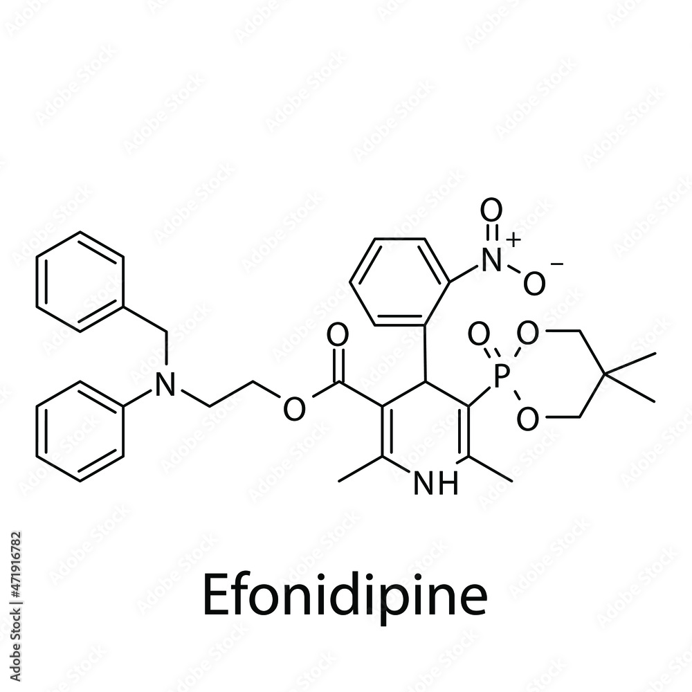 Efonidipine molecular structure, flat skeletal chemical formula. Calcium channel blocker CCB Dihydropyridine drug used to treat Hypertension. Vector illustration.