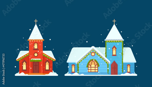 Christmas Churches, Catholic Temples with Cross and Snow on Roof and Arched Windows Isolated on Blue Background