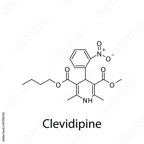 Clevidipine molecular structure, flat skeletal chemical formula. Calcium channel blocker CCB Dihydropyridine drug used to treat Hypertension. Vector illustration.