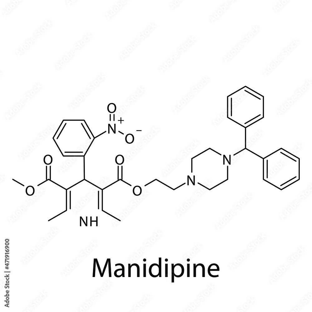 Manidipine molecular structure, flat skeletal chemical formula. Calcium channel blocker CCB Dihydropyridine drug used to treat Hypertension. Vector illustration. Manidipine molecular structure, flat skeletal chemical formula. Calcium channel blocker CCB Dihydropyridine drug used to treat Hypertension. Vector illustration.