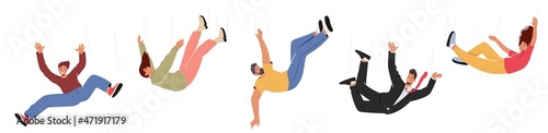 Set of Falling Unhappy Male and Female Characters. Shocked People Falling Down due Stumbling, Slipping, Accident, Injury