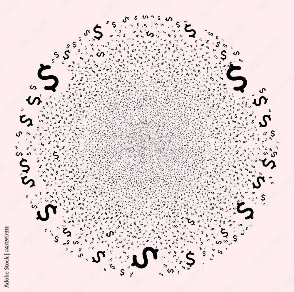 Obraz premium Dollar symbol exploding round cluster. Object pattern organized from scattered dollar symbol icons as exploding round shape. Abstraction round cluster mosaic combined from dollar symbol icons.