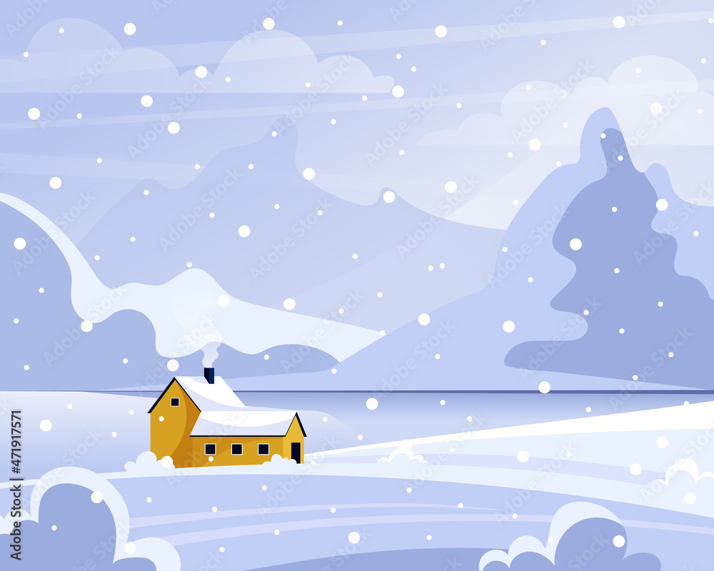 Snowy winter landscape with mountains, snowdrifts, ocean, bushes and house. Winter background. Vector illustration.	

