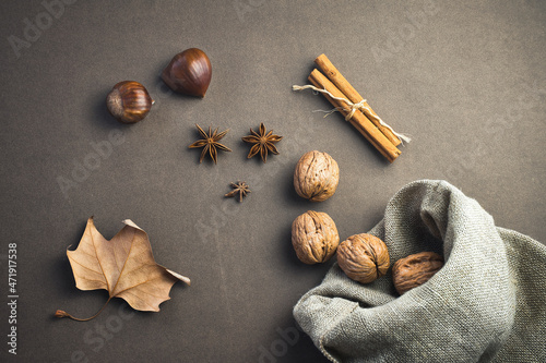 Walnuts, anise, cinnamon. Autumn and winter ingredients. photo