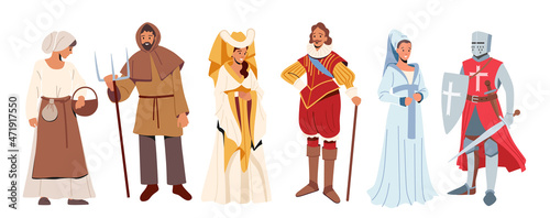 Set of Medieval Historical Characters. Knight with Sword and Shield, Peasant Man and Woman, Lord and Ladies in Costumes