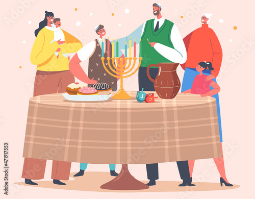 Israel Family Celebrate Hanukkah Holiday, Jewish Festival of Lights. Parents and Children Lighting Candles on Menorah