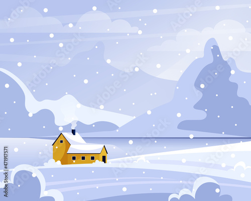 Snowy winter landscape with mountains, snowdrifts, ocean, bushes and house. Winter background. Vector illustration.	
