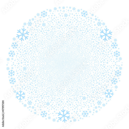 Snowflake fireworks spheric cluster. Object pattern is combined from random snowflake symbols as burst cluster. Abstract round cluster mosaic designed from snowflake items.