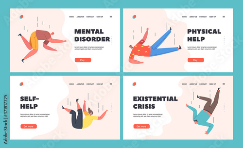 Falling Unhappy Characters Landing Page Template Set. Shocked People Falling Down due Stumbling, Slipping, Accident