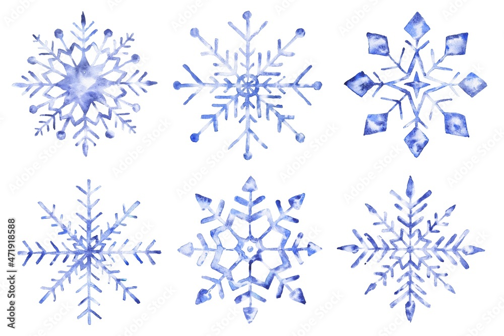 Watercolor snowflakes set on white background. Winter season illustration. Watercolor snowflakes set on white background. Winter season illustration.
