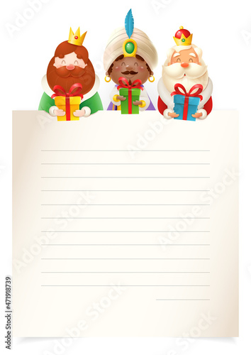 Three Kings or Wise men with gifts peeking on top of paper - letter template on white background - Happy Epiphany