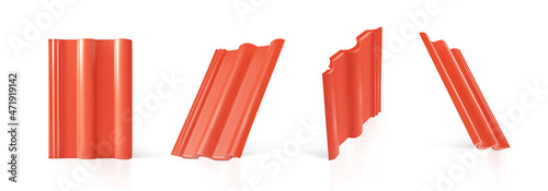 Roof tile. Red. Set. On a white background. Building materials. Vector illustration