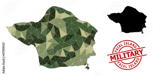 Lowpoly mosaic map of Faial Island, and scratched military stamp seal. Lowpoly map of Faial Island constructed from randomized camouflage filled triangles. photo