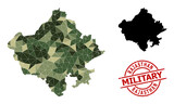 Low-Poly mosaic map of Rajasthan State, and rubber military stamp seal. Low-poly map of Rajasthan State is combined of chaotic khaki filled triangles.