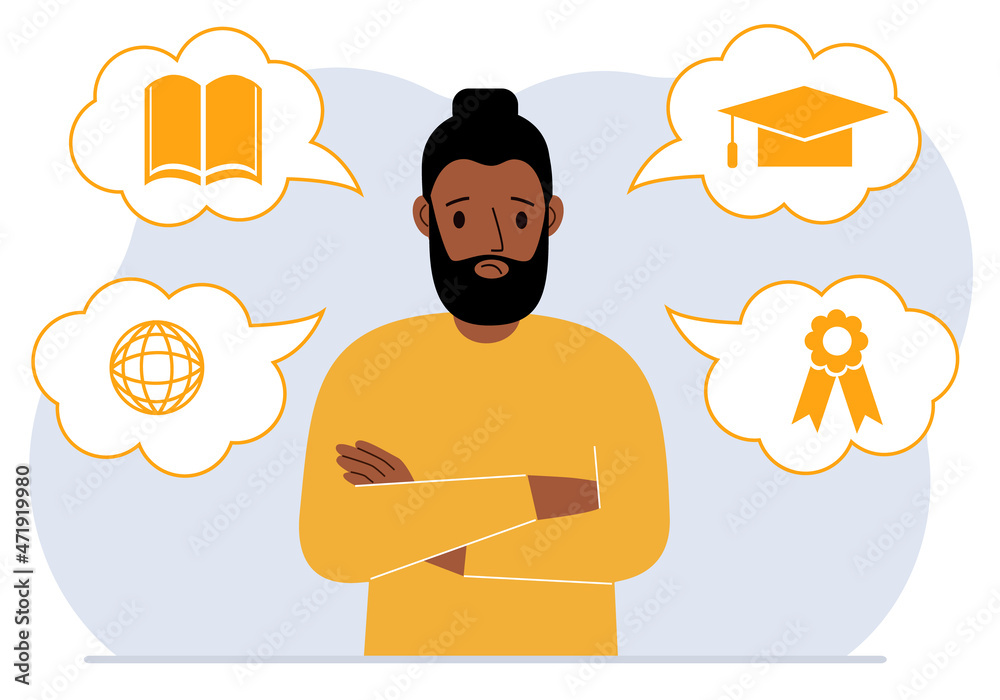 Sad man with thoughts about learning. Internet profession, higher education, stock exchange, financial literacy. Various icons about education.