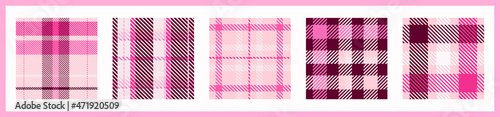 Girly pink seamless plaid vector pattern collection. Gingham bright color checker background set. Woven tweed all over print