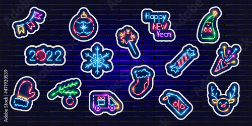 New year stickers neon set. Glowing icons. New Year and Christmas concept. Vector illustration for design.