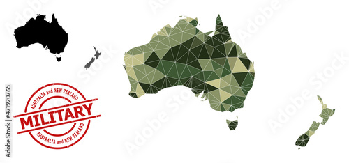 Triangulated mosaic map of Australia and New Zealand, and distress military stamp print. Low-poly map of Australia and New Zealand is constructed with chaotic khaki color triangles.