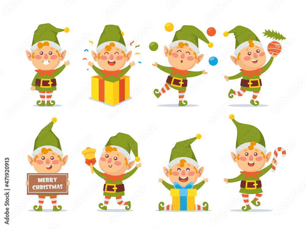 Collection of Christmas Elves Isolated on White Background. Bundle of Little Santa's Helpers Holding Holiday Gifts