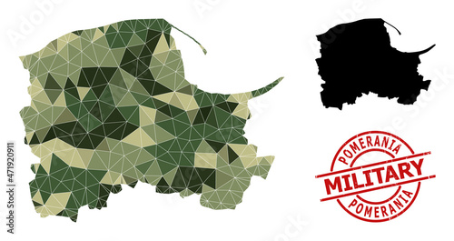 Lowpoly mosaic map of Pomerania Province, and rubber military rubber seal. Lowpoly map of Pomerania Province designed from random camouflage filled triangles.