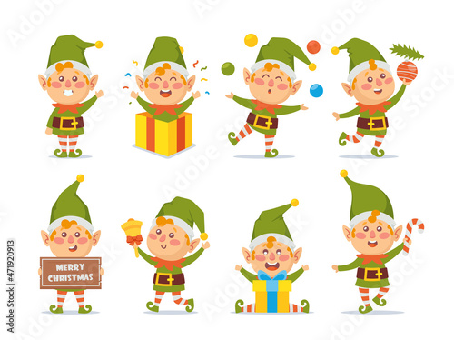 Collection of Christmas Elves Isolated on White Background. Bundle of Little Santa s Helpers Holding Holiday Gifts