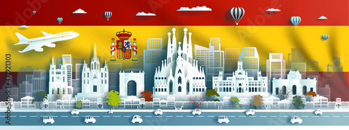 Travel landmark europe city destination of Spain flag background.