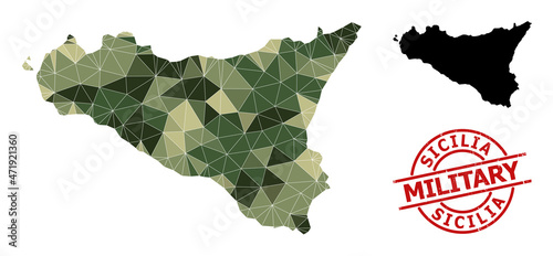 Low-Poly mosaic map of Sicilia Island, and unclean military stamp seal. Low-poly map of Sicilia Island combined from scattered khaki filled triangles.
