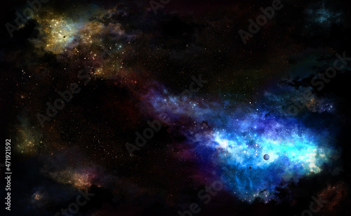 Space illustration with a color yellow and blue glow © Romasan