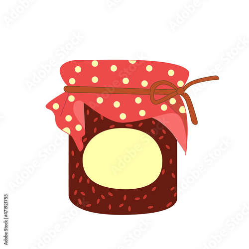 Vector illustration of a jar of homemade raspberry jam with polka dot fabric and decorative rope.  Sweet delicious dessert with an empty label for the inscription.