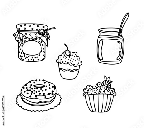 A set of delicious cupcakes with whipped cream and berries, raspberry jam, honey in a jar and a donut. Vector linear illustration on a white background. A collection of sweet desserts.