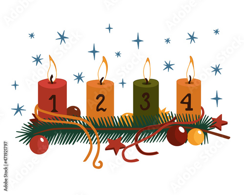 Colorful background with fir branches, streamers, Christmas balls and candles. Advent calendar of the fourth week. Merry Christmas and Happy New Year. Vector illustration on a white background.