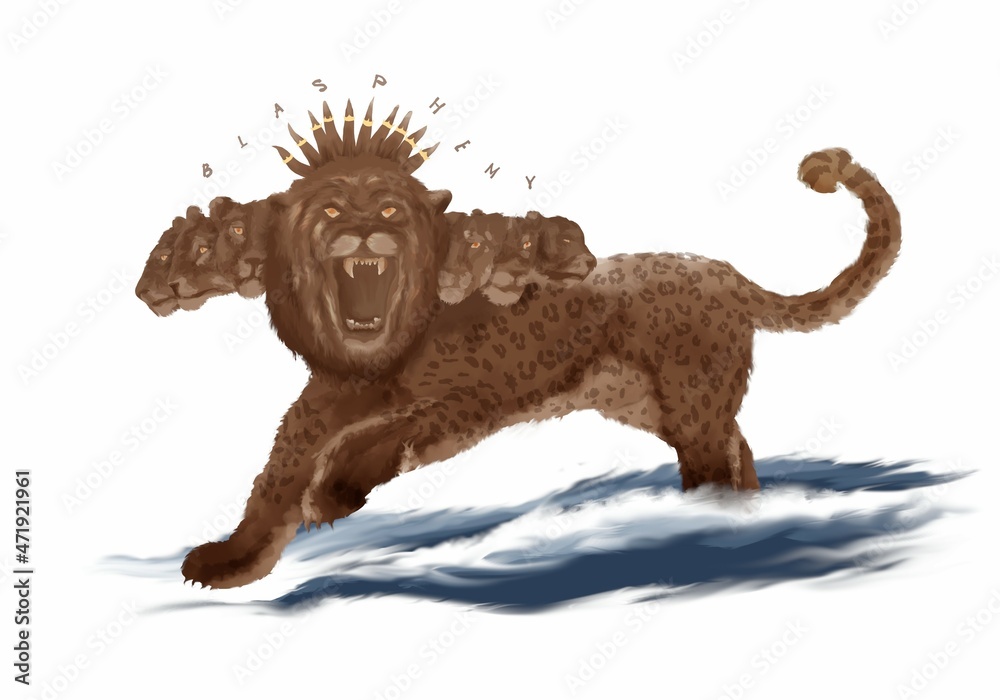 Beast of Revelation 13 from the sea, with 7 heads and 10 horns, Bible