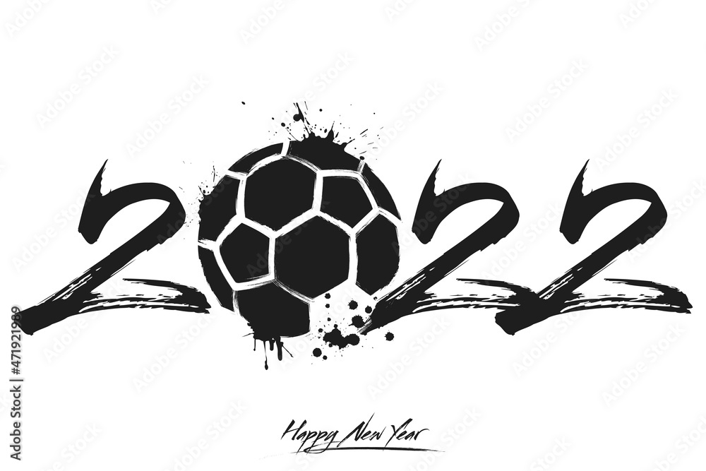 Obraz premium Numbers 2022 and a abstract handball ball made of blots in grunge style. Design text logo Happy New Year 2022. Template for greeting card, banner, poster. Vector illustration on isolated background