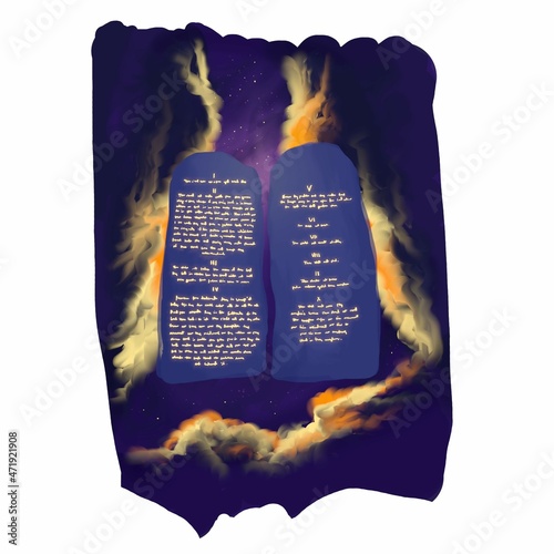 Ten commandments on stone, sky background photo